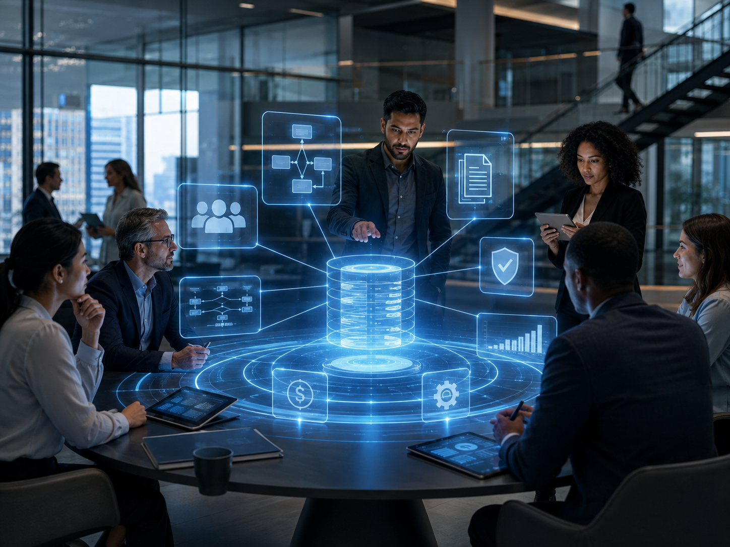 Executive team collaborating around holographic system records and governed data workflows