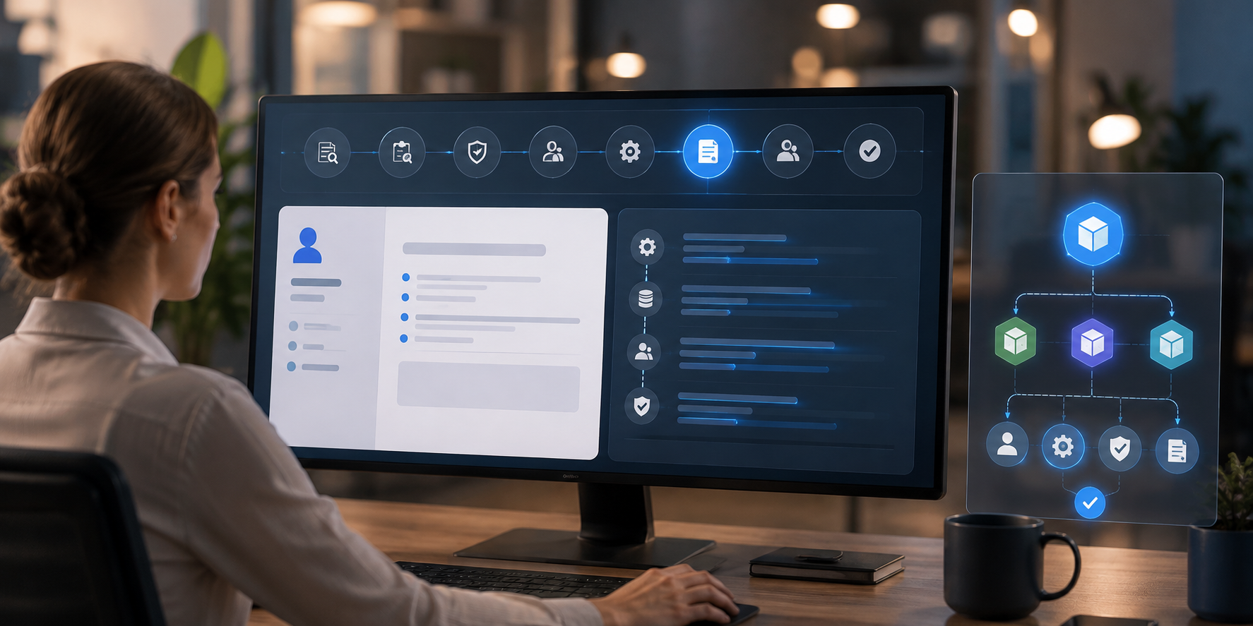 Person working on computer displaying governed execution flow interface