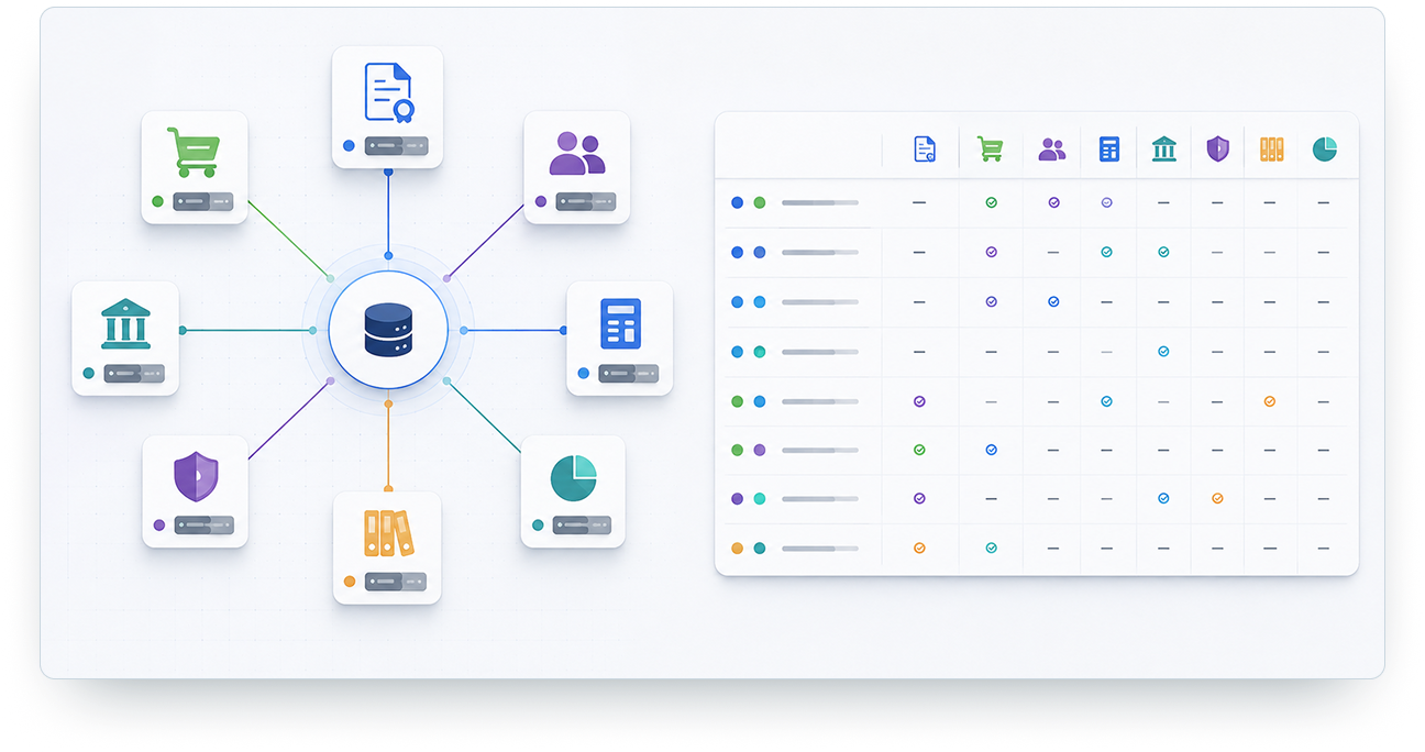 Business operations graph connecting systems across nodes and relationship tables