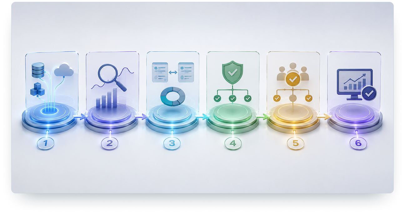 Six phase 3D migration process pipeline showing discovery, modeling, shadow mode, disposition, controlled activation, and expansion