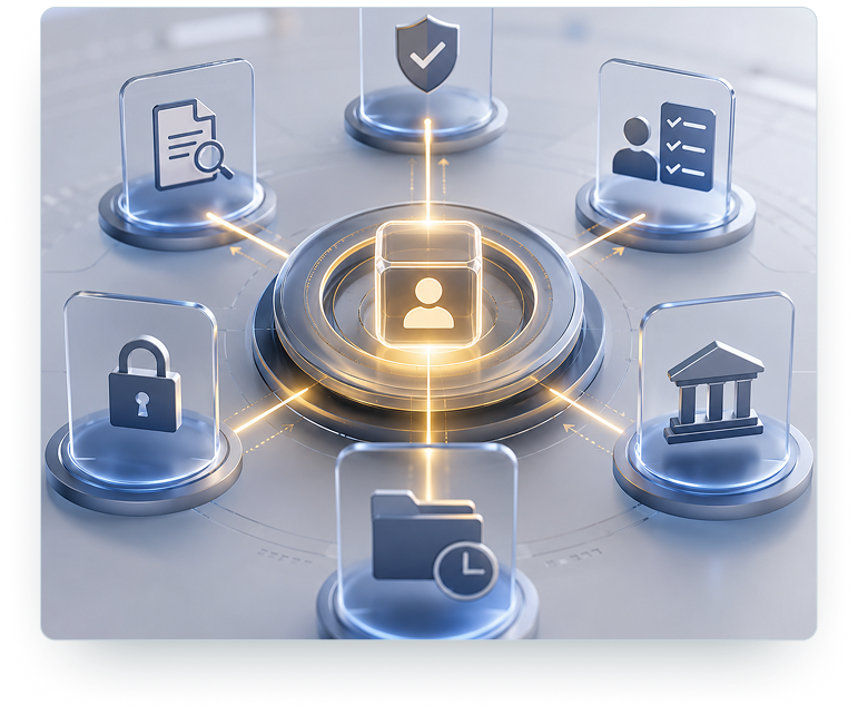 Governance control plane visual showing decision node with surrounding authority, jurisdiction, policy, and compliance layers