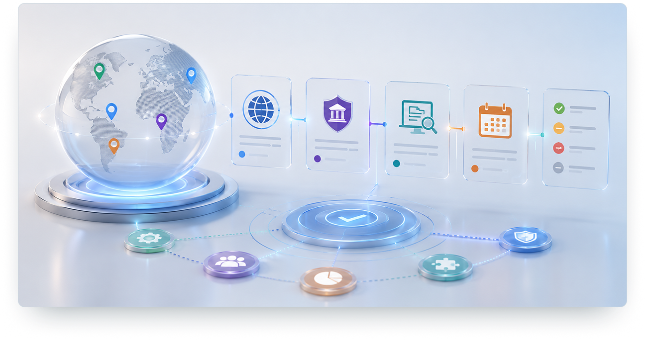 3D visualization of global entity hierarchy, policy overlays, authority cards, and coverage status indicators
