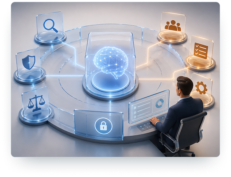 Governed AI central brain node surrounded by human review and security boundary nodes with user operator