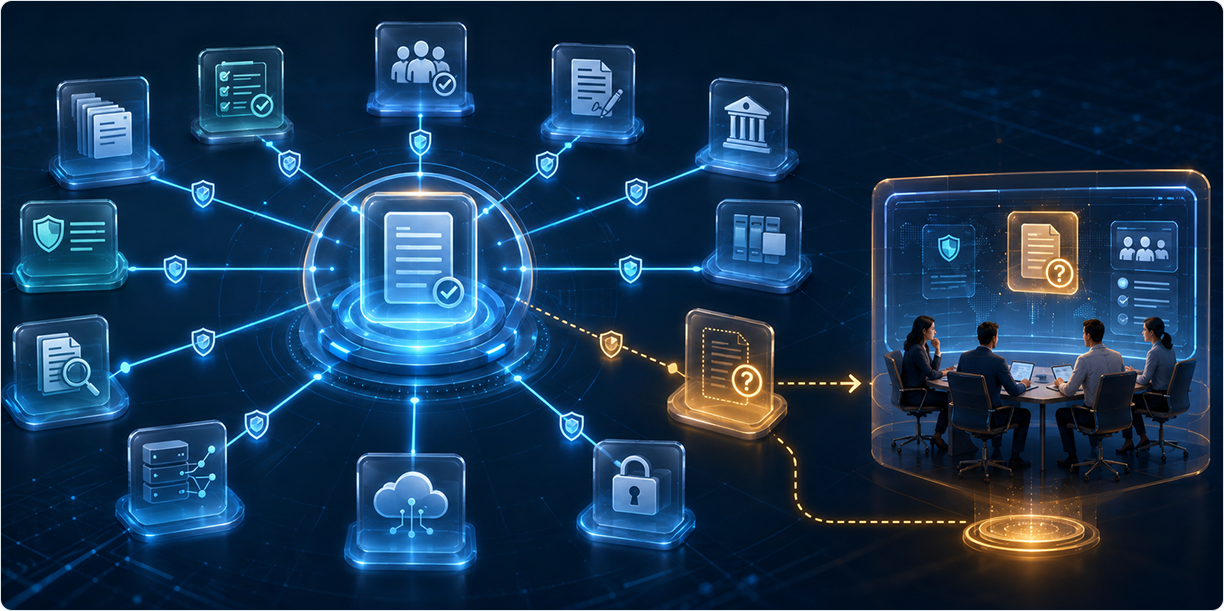 Authoritative source and responsibility matrix visualization showing connected record nodes and review required panel