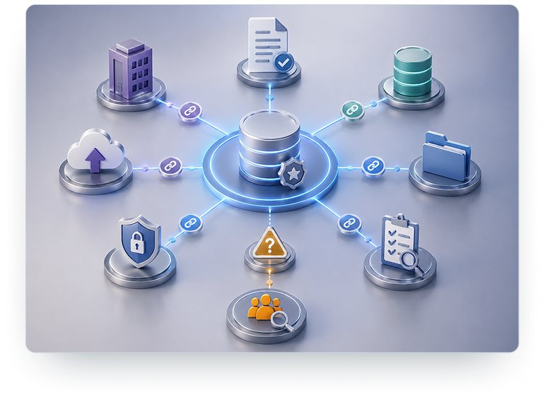 3D central hub node connected to various enterprise system nodes showing round trip ERP flow
