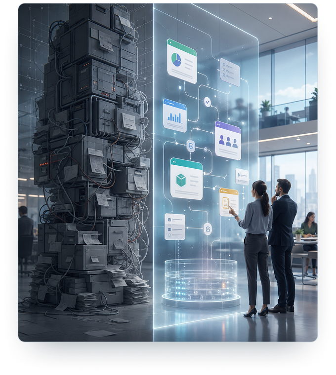 Conventional cluttered ERP stack juxtaposed with modern holographic governed workflow console