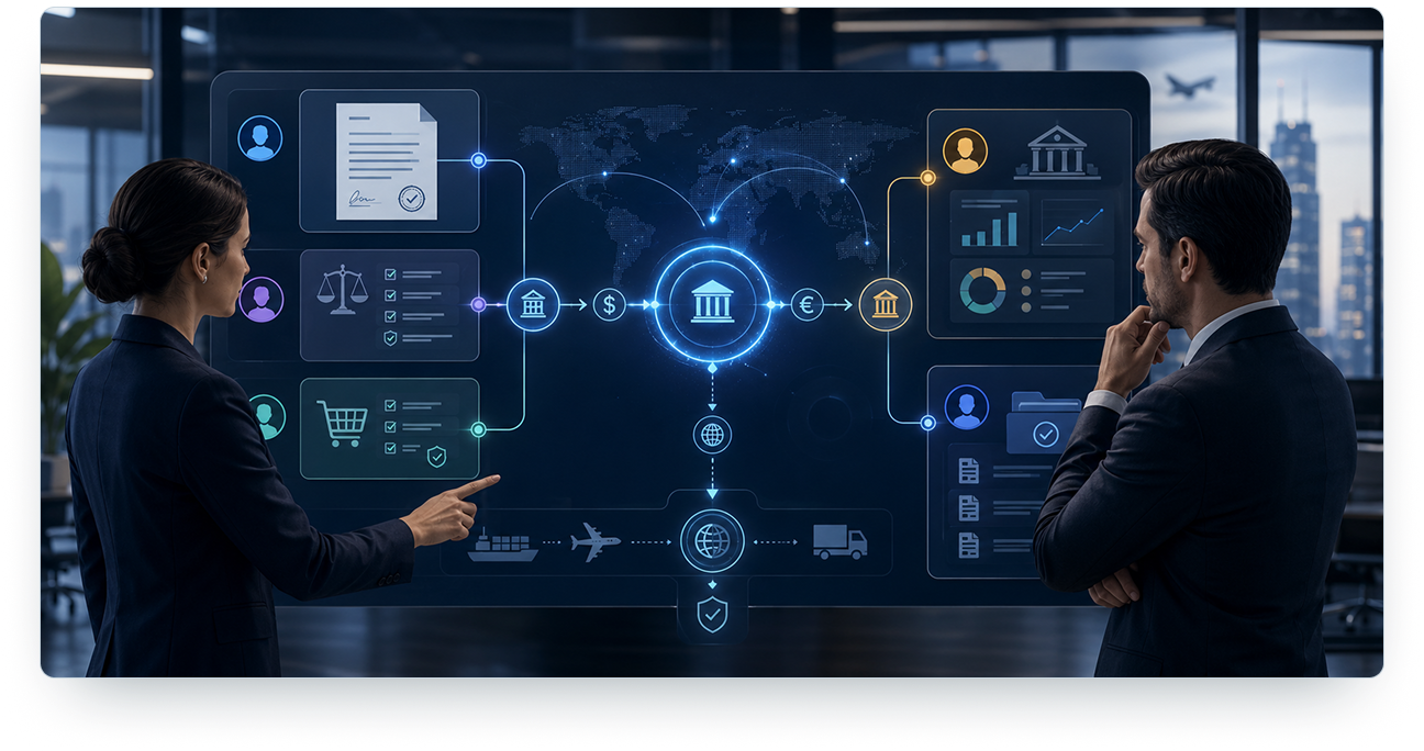 Interactive dashboard showing cross-border vendor payment connecting contracts, tax treatment, procurement, and treasury