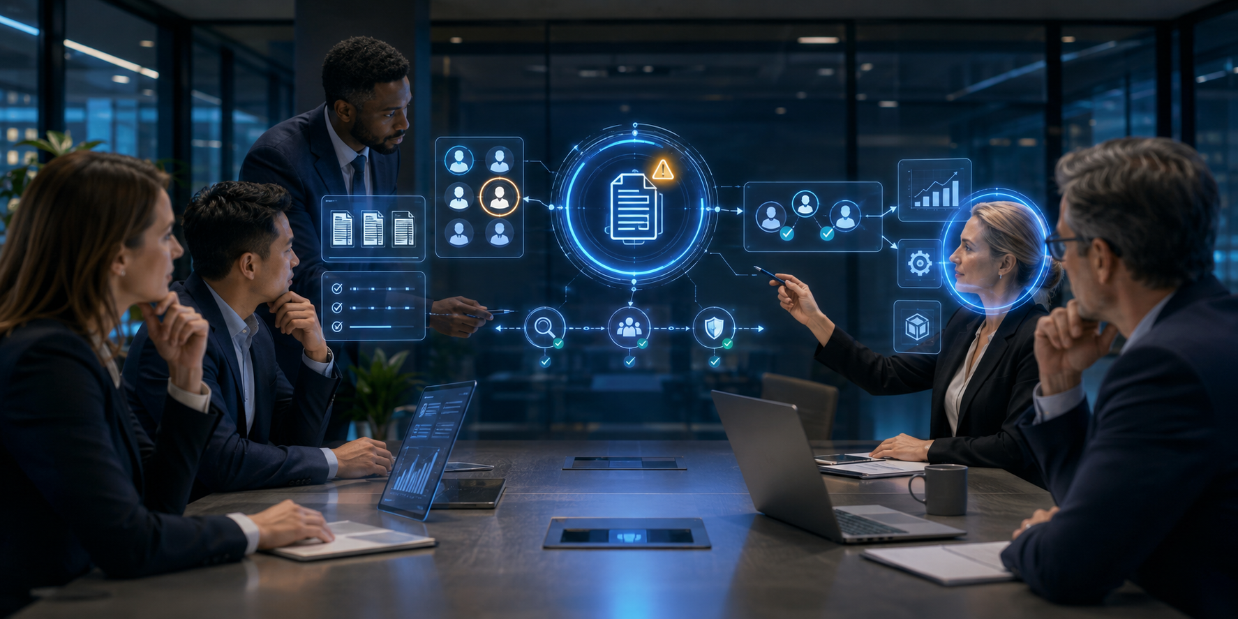 Enterprise Operations Command Center dashboard with holographic workflow metrics and team analysis